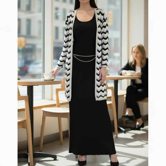 Pointelle Knit Duster Cardigan Sweater Includes Silver Chainbelt Size Lg EUC - Picture 9 of 9